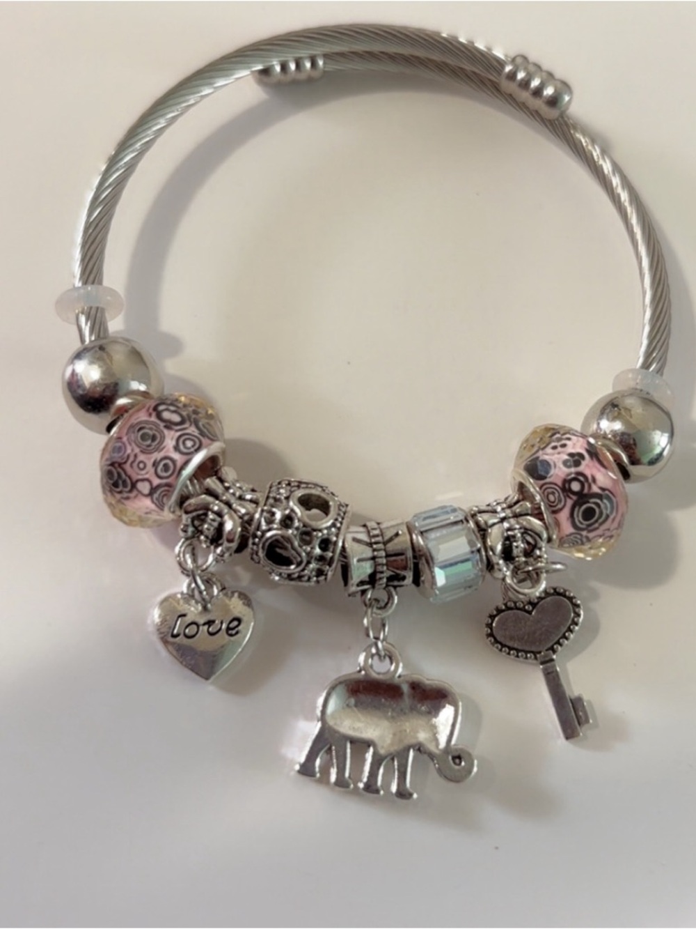 Silver Charm Bracelet with Pink Glass Beads and Elephant Charm